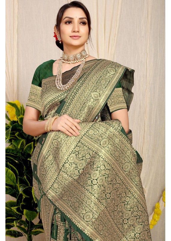 Scintilla Green Soft Banarasi Silk Saree With Palimpsest Blouse Piece