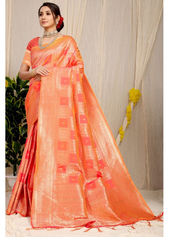 Evocative Orange Soft Banarasi Silk Saree With Admirable Blouse Piece