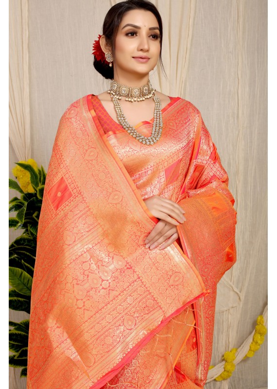 Evocative Orange Soft Banarasi Silk Saree With Admirable Blouse Piece