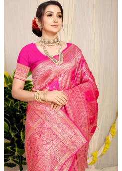 Marvellous Pink Soft Banarasi Silk Saree With Unique Blouse Piece