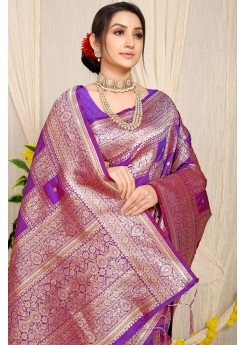 Lassitude Purple Soft Banarasi Silk Saree With Lissome Blouse Piece