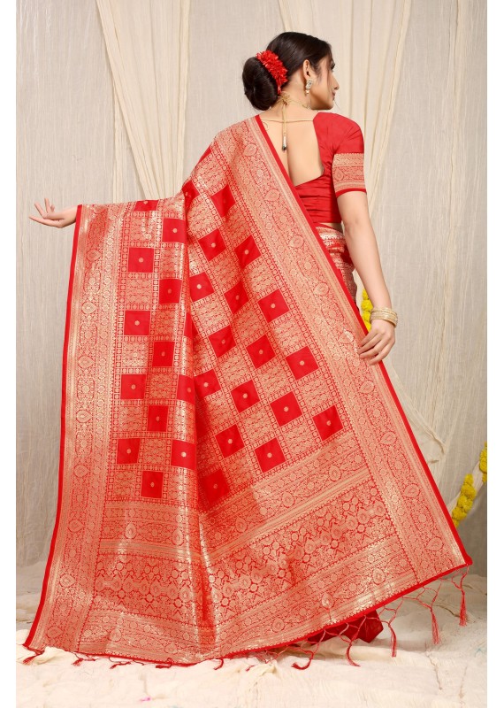 Lassitude Red Soft Banarasi Silk Saree With Lissome Blouse Piece