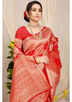 Lassitude Red Soft Banarasi Silk Saree With Lissome Blouse Piece