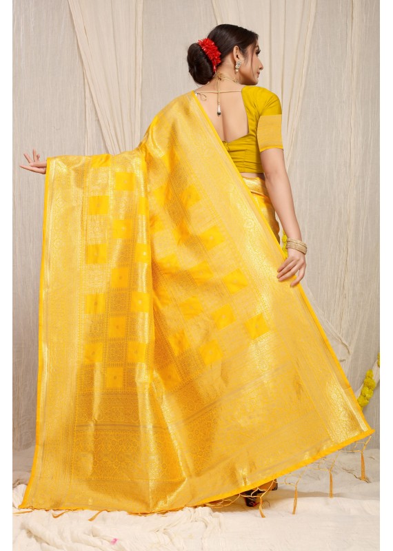 Tremendous Yellow Soft Banarasi Silk Saree With Blooming Blouse Piece