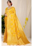 Tremendous Yellow Soft Banarasi Silk Saree With Blooming Blouse Piece