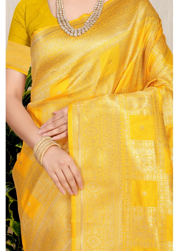 Tremendous Yellow Soft Banarasi Silk Saree With Blooming Blouse Piece