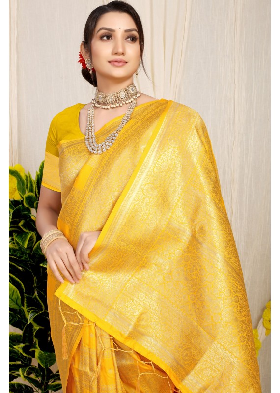 Tremendous Yellow Soft Banarasi Silk Saree With Blooming Blouse Piece